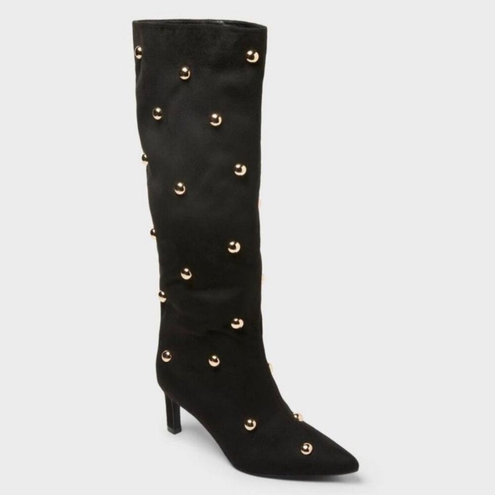 A New Day Justice Black Gold Studded Slouch Boots Knee High Womens 9.5